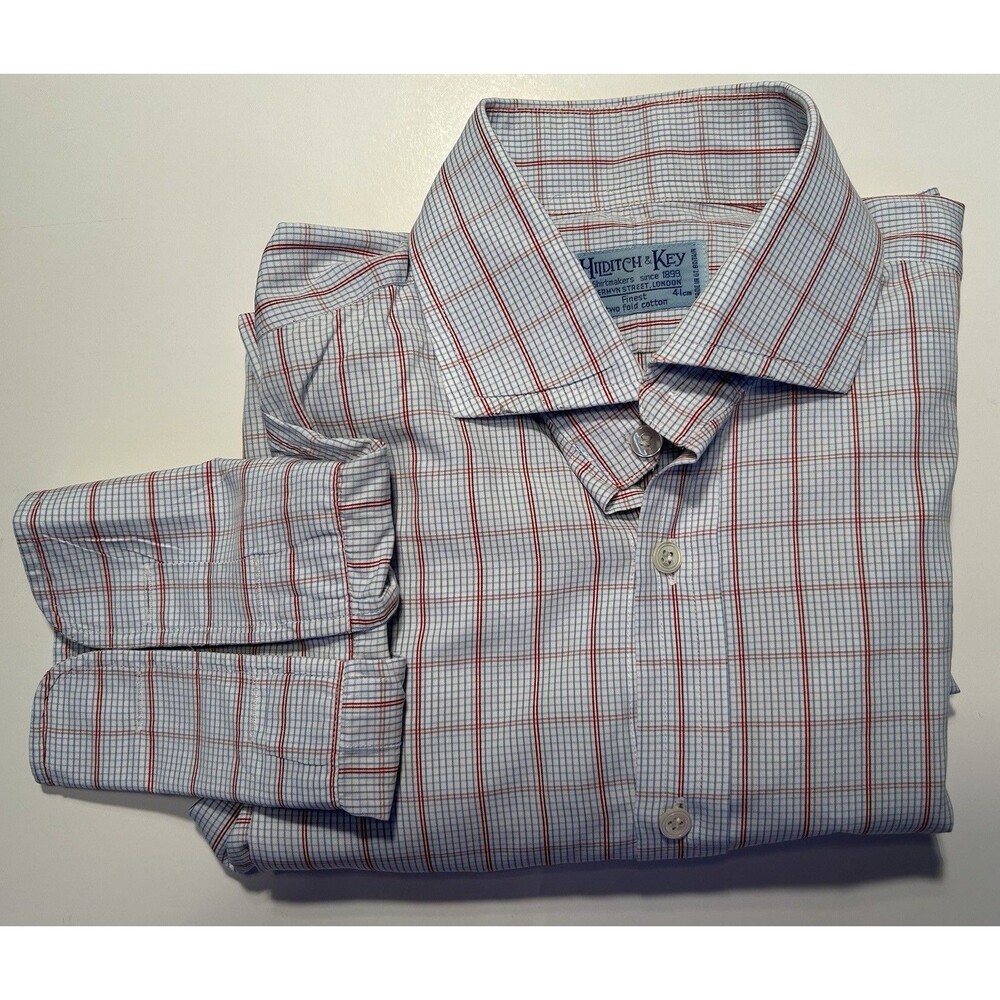 Hilditch & Key Men’s Blue Check Dress Shirt French Cuff Size L Large 16/34 35